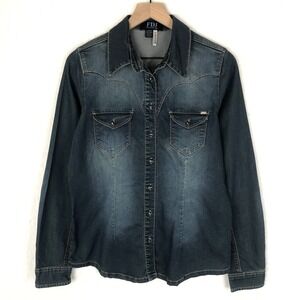 FDJ Western Denim Shirt Women's Sz 6 Blue Jewel Button Cowgirl Rodeo L/S EUC‎